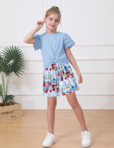 Image of mksodop Girls Clothes 2-Piece Teen Girls clothes Lace Hollow Short-Sleeved Twist T-Shirt And Floral Short Girl Summer Outfits