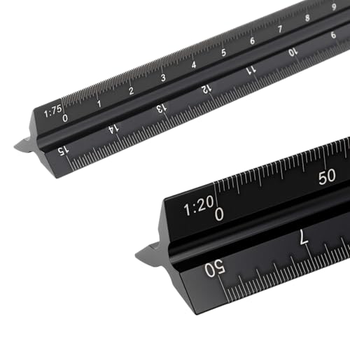 Jecdfs Architektonisches Lineal, Aluminium, dreieckig, metrische Skalen 1:20, 1:25, 1:50, 1:75, 1:100, 1:125, Standard, für Architekten, Studenten, Zeichner und Ingenieure, Schwarz