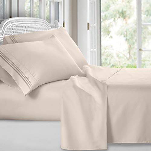 Clara Clark Bed Sheets, Premier 1800 Series 4 Piece Bed Sheet Set, Deep Pocket, Wrinkle, Fade, Stain Resistant, Luxury Soft Bedding Sheets & Pillowcases, Split King, Beige Cream