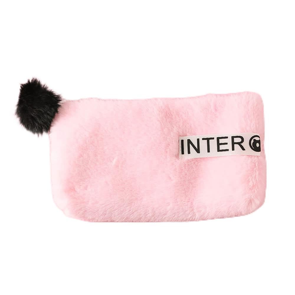 1Pcs Plush Pencil Case Pencil Pouch, 24cm Large Capacity Fluffy Pencil Bag Cosmetic Bag Soft Makeup Pouch with Pompom Ball for Kids Adults