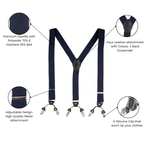 Image of The Tie Hub Suspenders for Men | Blue Geometric Slim Clip-On Y-Back Elastic Braces | Adjustable 1.25 Inch | Formal Wedding Office