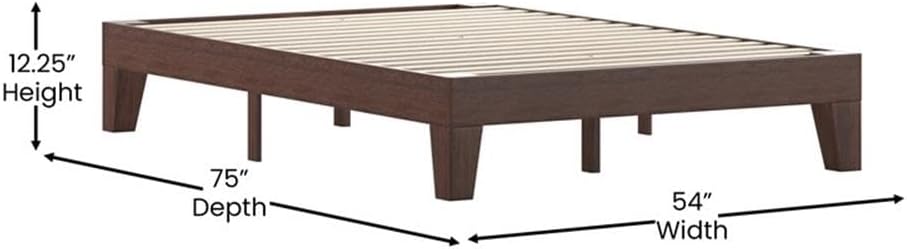 Pemberly Row Full Platform Bed Frame, 54 x 75 x 12.25 in, Walnut Finish, Mid-Century Modern Style, Solid Rubberwood Construction, 14 Slats, No Box Spring Needed, Sturdy Mattress Foundation for Bedroom