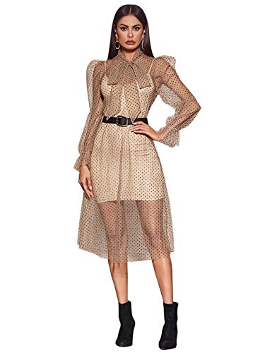 SweatyRocks Women s See Through Polka Dot Mesh Long Sleeve 2 Piece Midi Club Dress Nude S
