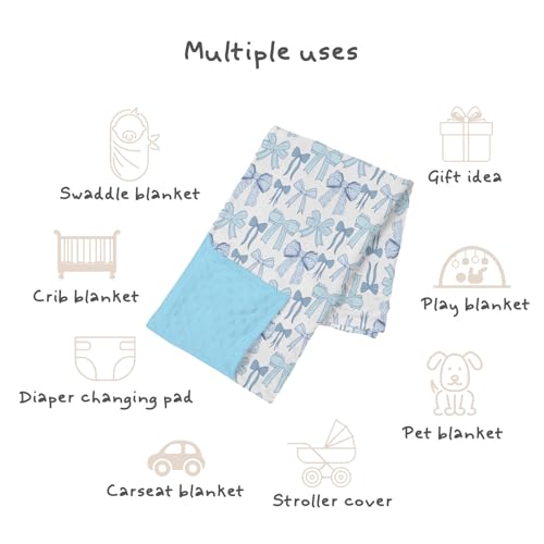 Image of Blue Baby Blankets for Boys 30 inch x 40 inch, Soft Double Layer Minky Blanket with Dotted Fleece Back, Nursery Bed Receiving Quilt for Newborn Infant Toddler Shower Gift Bow Ribbon Theme