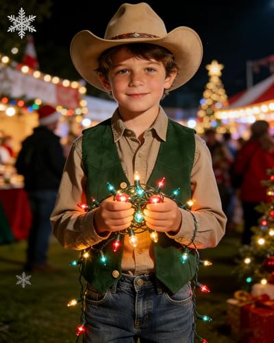 Image of Retro Boys Western Cowboy Vest for Kids Leather Suede Waistcoat | vintage dress vests, welt pockets, v-neck, adjustable waist, formal slim fit, wedding outfit, farm christmas birthday prom