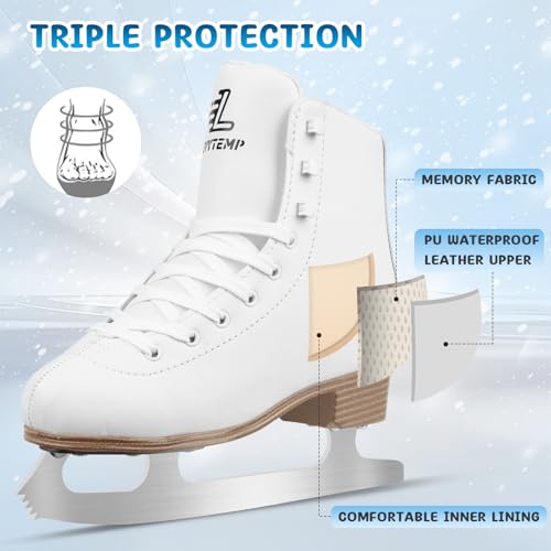 LEVYTEMP Women\'s/Girls Figure Ice Skates - Youth White Figure Skating Shoes with Two Insoles - Comfortable, Safe Indoor Outdoor Rink Size US 8