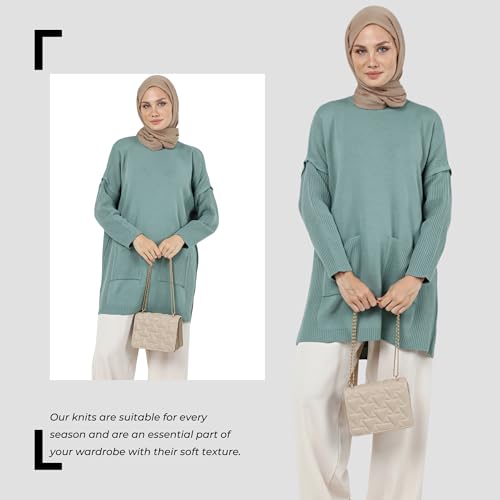 Image of Women's Knitted Sweater | Long Sleeve Loose Fit Sweaters with Front Pocket Detail | Modest Women's Clothing (US, Alpha, Small, Large, Regular, Regular, Sage Green)