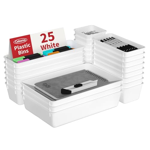Cetomo Juego de 25 organizadores de cajones, organizador de cajones de almacenamiento de plástico, separadores de cajones, ajustable y expandible, bandeja contenedor para utensilios de cocina,