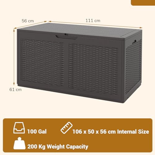 GOPLUS Baúl Almacenaje Exterior 380 L, Arcón de Resina Impermeable con Cerradura y 2 Ruedas Lisas, Superficie de Ratán de Imitación, Caja de Almacenamiento Grande Jardin, 111 x 56 x 61 cm (Marrón) - imagen 3