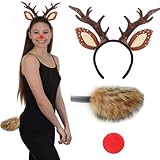 Glynisyz Christmas Deer Costume Accessories Reindeer Antlers Headband with Fawn Tail for Girls Women Halloween Dress Up Cosplay Party