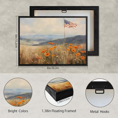 Image of American Flag Framed Canvas Wall Art, 4th of July Floral Canvas Prints, Wildflower Meadow Landscape Patriotic Decorations, Vintage Rustic Independence Day Wall Decor for Bedroom Living Room 6x8
