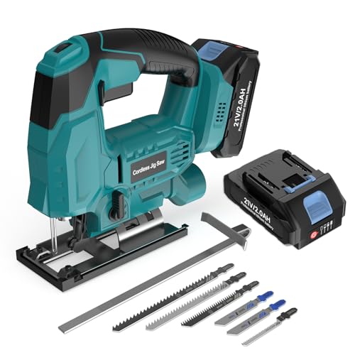 blayram Akku Stichsäge kompatibel mit Makita 18V Elektro-Stichsägen mit 2 * 2 0Ah & 6Sägeblättern Variable Geschwindigkeit 0-45 Gehrungsschnitte für Holz Metall Kunststoff & Sperrholz