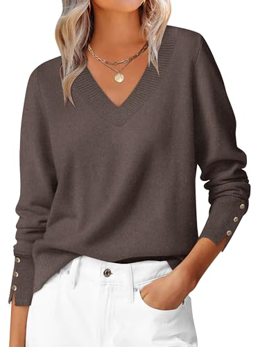 ANRABESS Sweaters for Women Long Sleeve V Neck Shirts Business Casual Work Blouses 2025 Fall Loose Knit Pullover Sweater Tops Taupe Medium