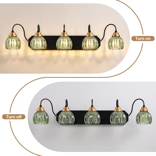 Image of Vintage Gold Bathroom Light Fixtures, 5 Light Green Tulip Crystal