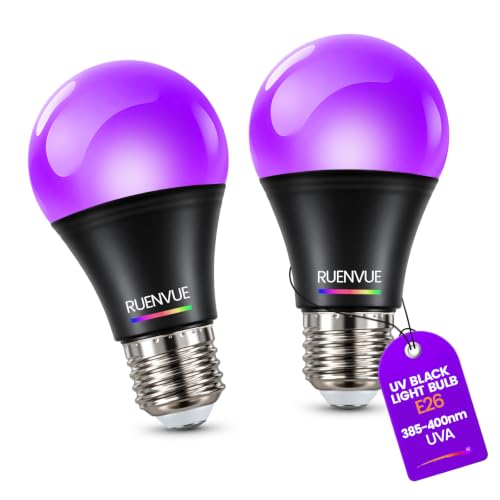 2 Pack LED Black Light Bulbs 12W UV Blacklight Bulb Replace Up to 100W A19 E26 Base UVA 385-400nm for Glow in The Dark Parties Fluorescent Posters Neon Body Paint Halloween and Stage Lighting