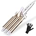 ShuBel Fer a Onduler, Fer a Boucler 3 Tete Waver, Boucleur a Cheveux 3 Branches avec 2 Réglages de Température, Gaufrier Cheveux Hair Curler pour Beach Waves Curl Long/Courts pour Femme 22mm Or