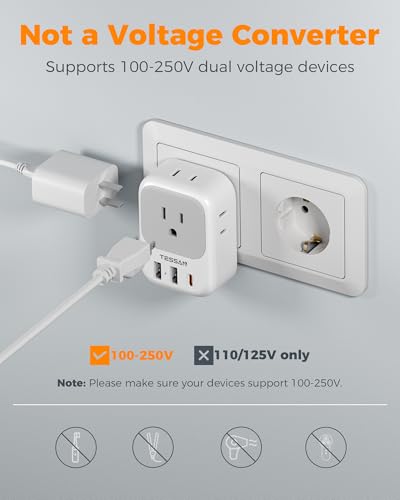 Image of TESSAN Type E F Plug Adapter with 4 AC Outlets, 3 USB Ports (1 USB C 20W) | 1 USB C PD 20W, 2 USB A, 7 in 1 Germany France Power Adapter, 4 side design, US to Spain Iceland Korea Travel Adaptor