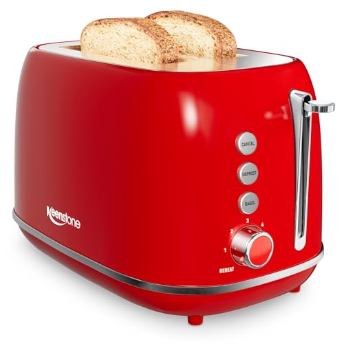 2 Slice Stainless Steel Toaster Retro with 6 Bread Shade Settings, Bagel, Cancel, Defrost Function, Extra Wide Slot, Removable Crumb Tray, Red Toaster