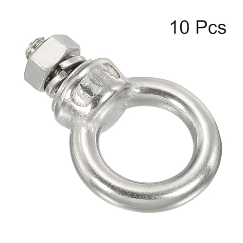 Image of uxcell M6x12 1 /4 inch x1 /2 inch Stainless Steel Eye Bolts Threaded Screw Eyebolt Shoulder Ring with Nuts Washers for Lifting Hanging, 10 Set