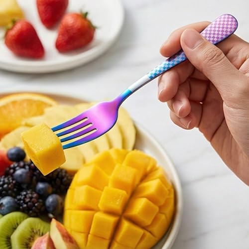 Image of Rainbow 4-Piece Cutlery Set - 2 Tablespoons & 2 Dinner Forks (8.1 inch) with Checks Printed Handles, Durable Stainless Steel Tableware, Ideal for Home, Restaurant, and Gifting
