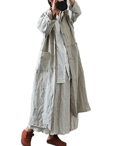 NFYM Women Vintage Cotton Linen Trench Coats Button Stand Solid Color Long Sleeve Pockets Long Jackets