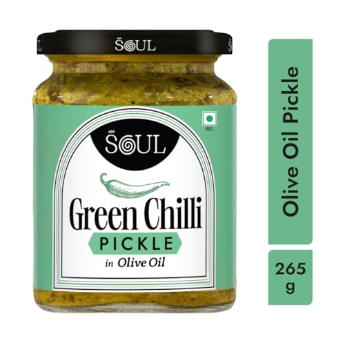 Image of ADF Soul's Spicy green chillies pickled in 100% Olive Oil with bold, tangy and traditional Indian spices | 265g