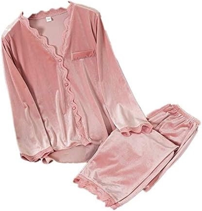 HUJINGLS Velvet Pajamas Women Autumn Winter Sleepwear Long Sleeve Casual Nightwear Pyjamas Suit Loose Home Clothes Lace Trim Sleep Set, M, Pink