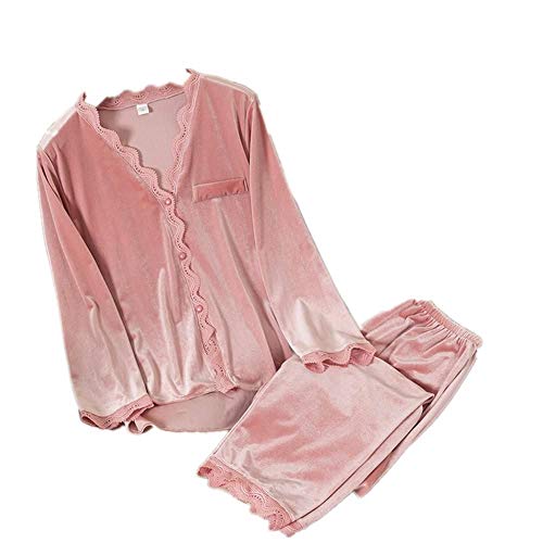 HUJINGLS Velvet Pajamas Women Autumn Winter Sleepwear Long Sleeve Casual Nightwear Pyjamas Suit Loose Home Clothes Lace Trim Sleep Set, M, Pink