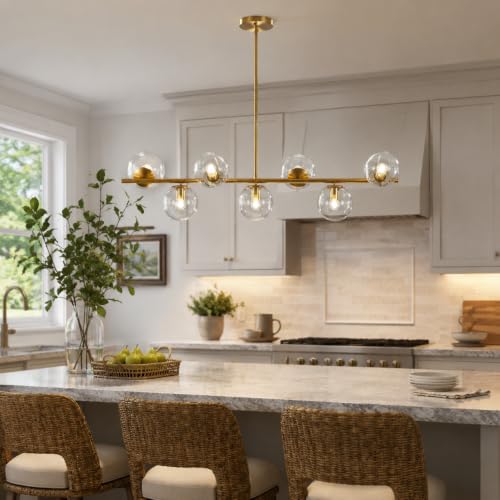 Image of KCO MCM 7-Light Brass Gold Linear Sputnik Chandelier with Clear Glass Shade