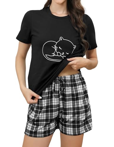 TeJoyce Pyjama Femme Court Été, Deux Pièces Vêtements de Nuit Coton, Ensembles Motif Chat Manches Courtes et Shorts à Carreaux avec Poche, Léger et Doux...