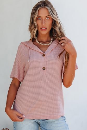 Image of Dokotoo Womens Summer Tops Waffle Knit Short Sleeve Lightweight Drawstring Hoodies Button V Neck Casual Blouses Shirts