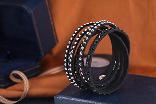 Barzel Leather Created Austrian Crystals Wrap Bracelets (Black With Black & White Stones) #TOP4
