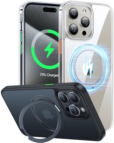TORRAS 360°Rotatable Ring for iPhone 15 Pro Case 6.1", Compatible with MagSafe 15 Pro Case with Stand Translucent Slim Protective Mil-Grade Shockproof Cover 2023, Clear