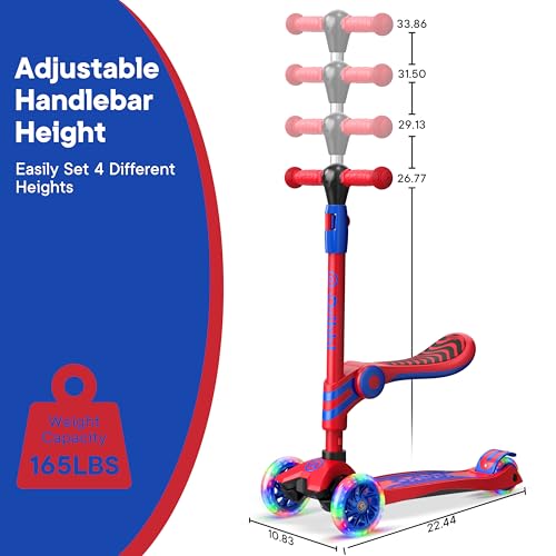 Red and Blue 3 Wheel Scooter with Seat for Kids, Light-Up Wheels, Adjustable Lean to Steer Handlebar and Seat, Smooth Wheels, Wide No-Slip Deck, Rear Foot Brake, Toddler Outdoor Toys for Ages 2+ by Dribbl - Image 4