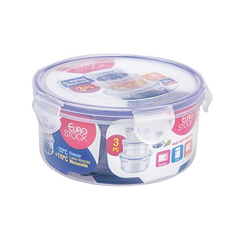 Conjunto com 3 potes Herméticos Redondo Azul, PLA3635-AZ, Euro Home