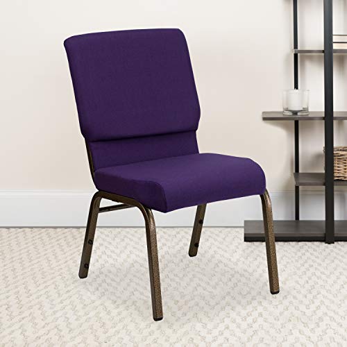 EMMA + OLIVER Stacking Auditorium Chair with 19" Seat - Royal Purple Fabric/Gold Vein Frame