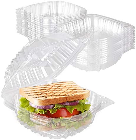 Disposable Plastic To Go Containers with Clear Lids (50 Pack) Fancy Hinged Top Square Clamshell Food Boxes for Take Out, Home Party Togo Clam Shell Box to Carry Cake, Dessert, Small Sandwich
