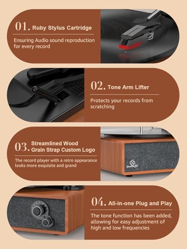 Image of Vinyl Record Player Vintage Turntable for Vinyl Records LP Phonograph Auto Stop Tone Adjustment Belt Drive 3 Speed 3 Size Support Wireless Input RCA Output Retro Walnut Red Brown