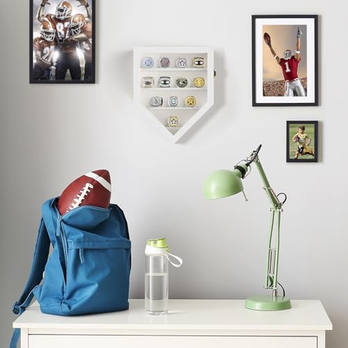 Image of TJ.MOREE 12 Rings Championship Ring Display Case Wall Mount Wooden | Shadow Box with Locks to Show Sport, Class, Fraternity, and Award Rings, White