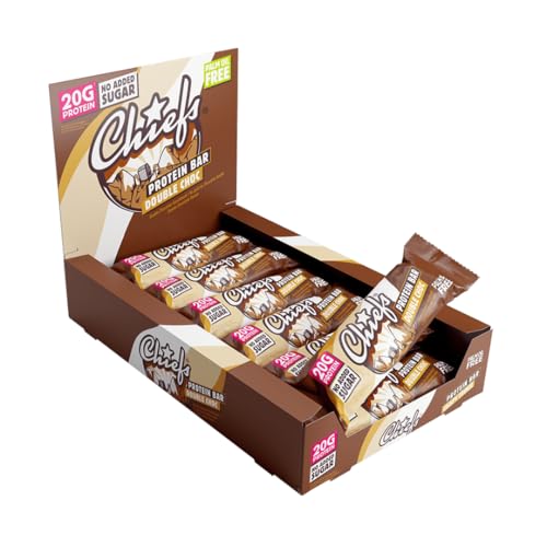 Chiefs High Protein Riegel - 20 g Protein, der köstliche Snack ohne Zuckerzusatz - 12 x 55 g Eiweißriegel ohne Palmöl - Schokolade (Double Choc)