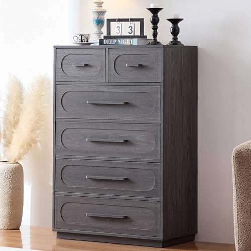 YANSNWO Gray 6 Drawer Dresser for Bedroom, 44 Tall Dressers & Chest of Drawers w-Solid Wood Handle, Wood Mid Century Closet Organizers and Storage Cabinet for Bedroom, Living Room, Hallway, Gray