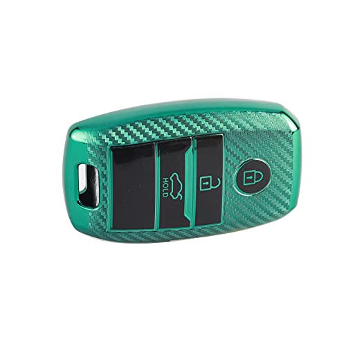 Image of JVCV Soft TPU Carbon Fiber Style Car Key Cover Compatible with Kia Seltos Sonet Carens 3 Button Push Start Car Key (Green)
