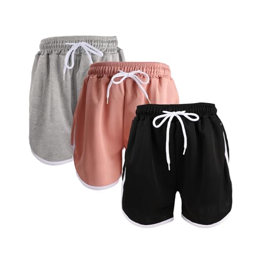 Fiohiros Girls Athletic Shorts Summer Loose 8-14 Years Girls Shorts Colourful Sports Short for Casual Beach School 3 Pack (UK Age 12 Years 14 Years Regular Black Gray Pink)
