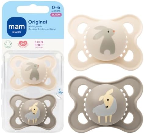 MAM Original Schnuller, 0-6 Monate, SkinSoft Silikon, Schaf/Hase, 2 Stück | Für Neugeborene, Stillfreundlicher Babyschnuller, Zahnfreundlich, SkinSoft Silikon, Mit Sterilisierbox