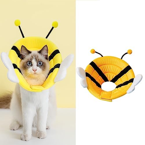 Image of MANON ROSA Cat Cone E-Collar: Soft After Surgery Elizabethan Collar Adjustable Cute Animal Design for Dogs Cats Puppies Kittens Rabbits Bunnies Prevents Licking (Bee,L)