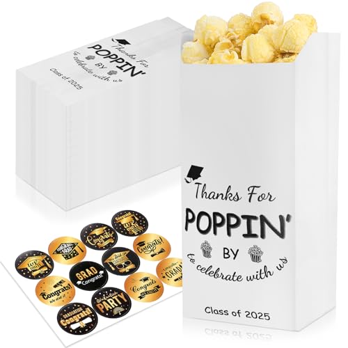 Image of AmazingSpark 50 Pcs Class of 2026 Graduation Popcorn Bags with Stickers Thanks for Popping by Popcorn Bags to Celebrate Smile Style Grease Resistant Paper Individual Servings for Party Favors (Black)