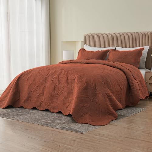 Image of Kingnex Oversized King Bedspreads 128x120 for Tall King or Cal King Bed Ultrasonic Quilted Coverlet Set 3 Piece Include 1 Extra Wide Quilt 2 Pillowcases Baked Clay