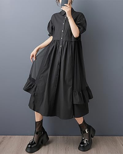 ellazhu Women's Dress Lapel Short Sleeve Button Down Flowy Hem Solid Casual Fashion GZ5273