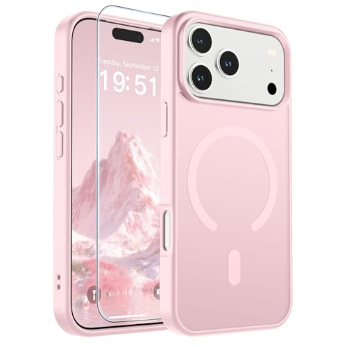Image of SUPFINE Magnetic for iPhone 17 Pro Max Case with Screen Protector (Compatible with MagSafe)(Military Grade Drop Protection) Translucent Matte Shockproof with Anti-Fingerprint Phone Cover,Light Pink