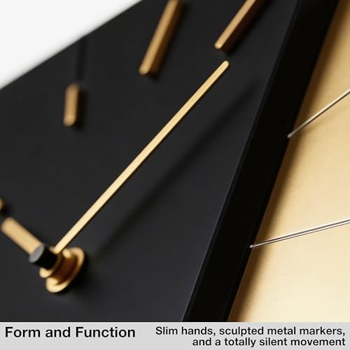 Image of Driini Black and Gold Mid Century Modern Wall Clock, Battery Operated | Square MCM face with a minimalist midcentury look. Contemporary decorative analog design for kitchen, office or living room